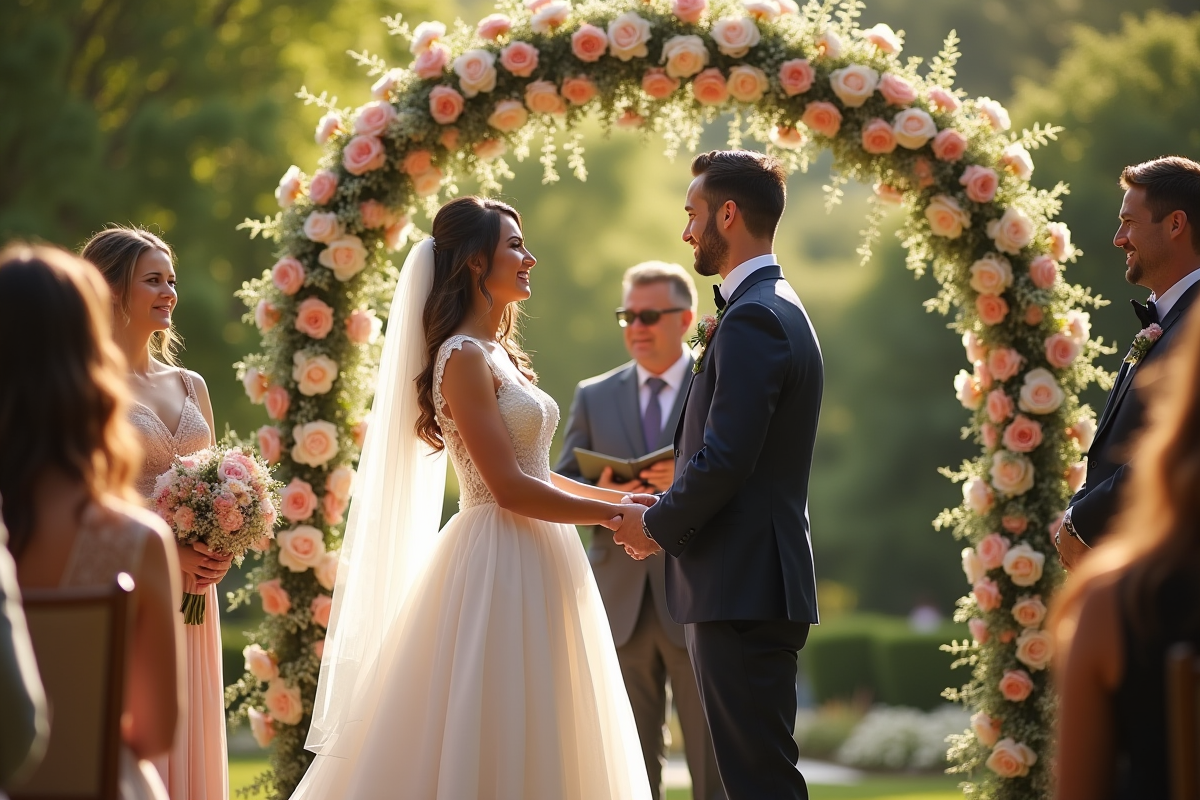 Cérémonie de mariage en plein air dans un jardin ensoleille avec mariés souriants