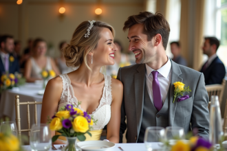 Jeune couple de mariés souriants lors de leur réception