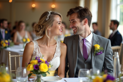Jeune couple de mariés souriants lors de leur réception