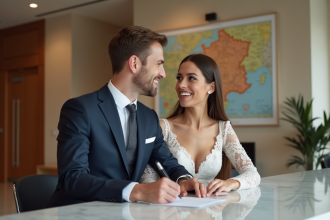 Jeune couple marié signant à la mairie en ville