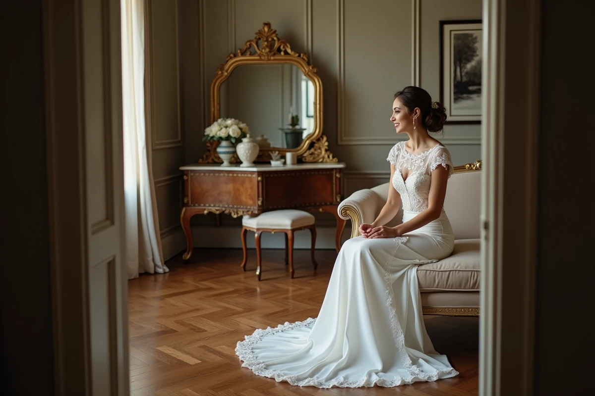 Femme en robe de mariée ajustant sa tenue devant un miroir