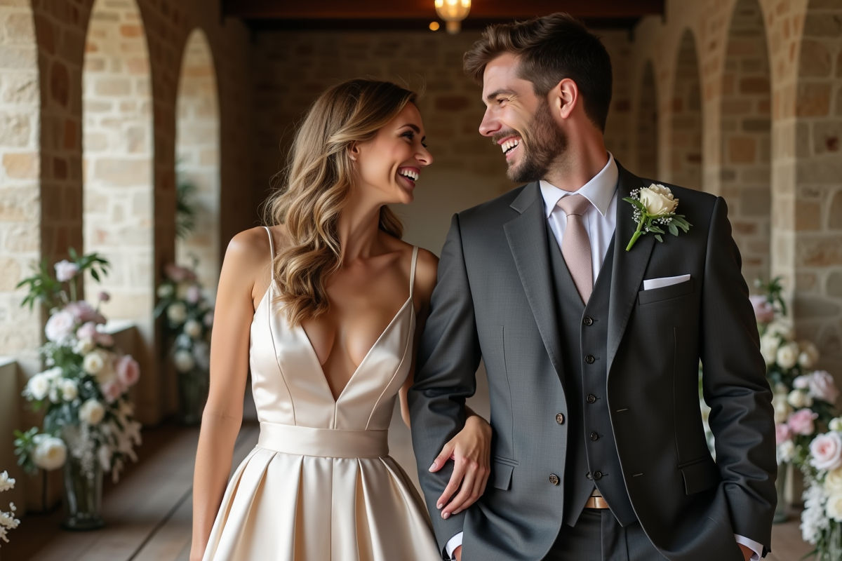 Couple de mariés riant lors de la réception en intérieur