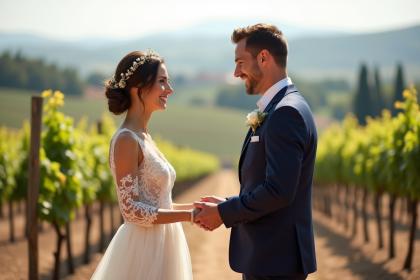 Couple heureux lors d'un mariage en Toscane en plein air