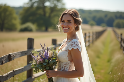 Mariée souriante en robe vintage dans un champ ensoleille