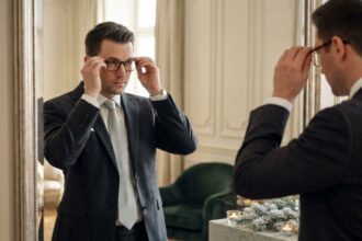 Marié élégant en costume gris anthracite ajustant ses lunettes devant un miroir dans une suite d'hôtel de luxe en hiver