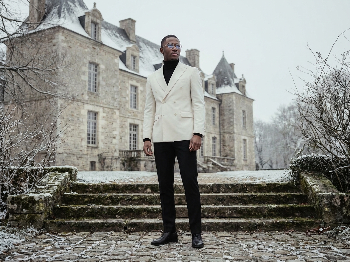 Marié en costume ivoire et lunettes métalliques ovales devant un château historique enneigé en hiver
