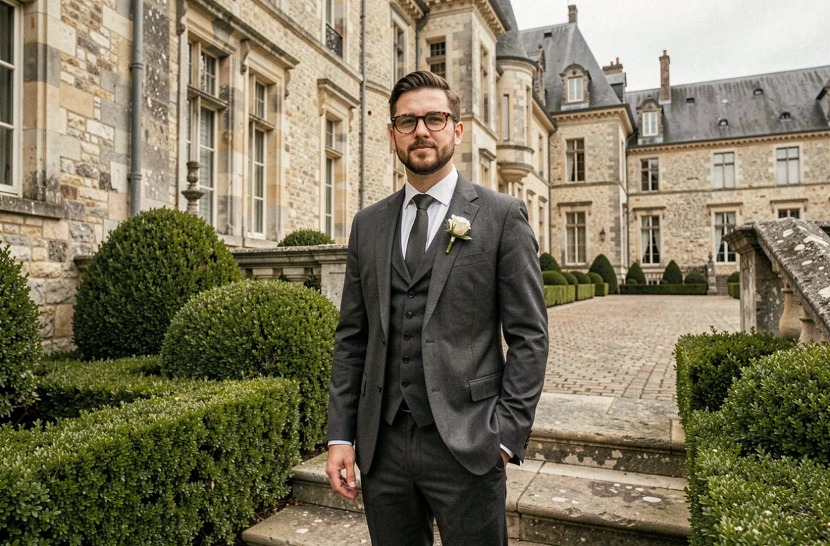 Marié en costume trois pièces charbon portant des lunettes en écaille sur les marches d'un château français