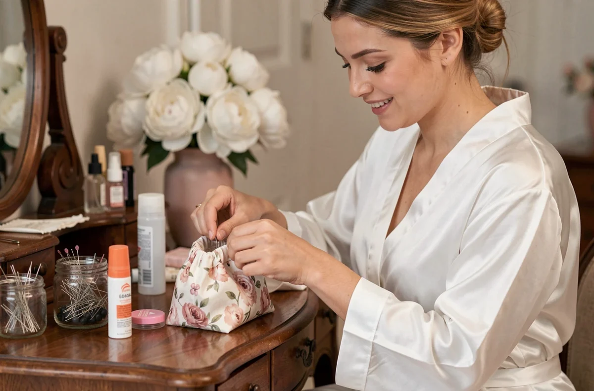 Mariée en robe de chambre satin assemblant son kit de survie DIY sur une coiffeuse en bois vintage entourée d'accessoires beauté