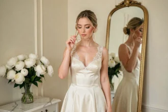 Mariée en robe ivoire tenant une paire de lunettes dorées devant un miroir vintage dans un salon de mariage élégant