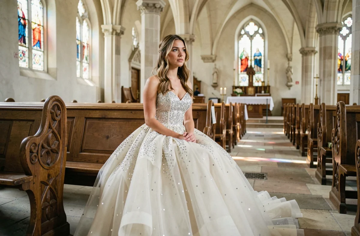 Mariée assise sur un banc d'église en robe de mariée princesse volumineuse à paillettes argentées