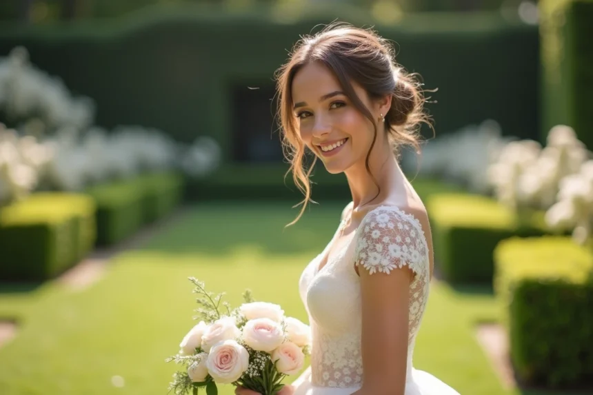 Mariée souriante en robe de dentelle ivoire dans un jardin fleuri lors de son mariage