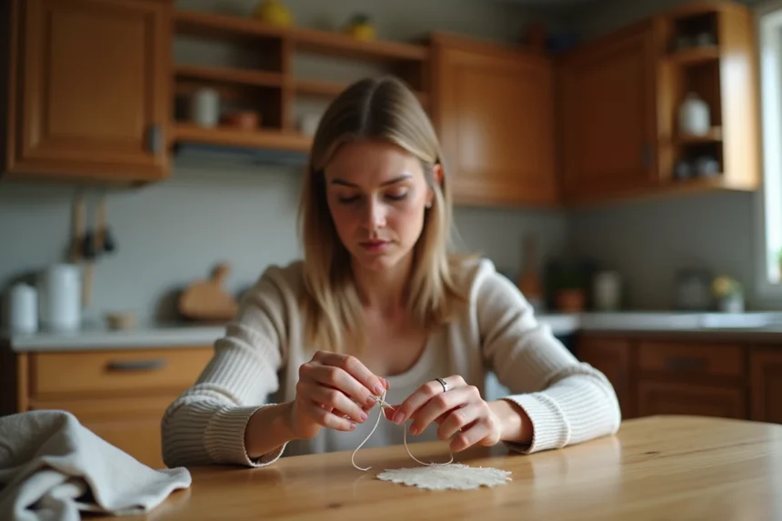 Femme mesurant son tour de doigt avec une ficelle en coton autour de son annulaire, assise à une table en bois dans une cuisine