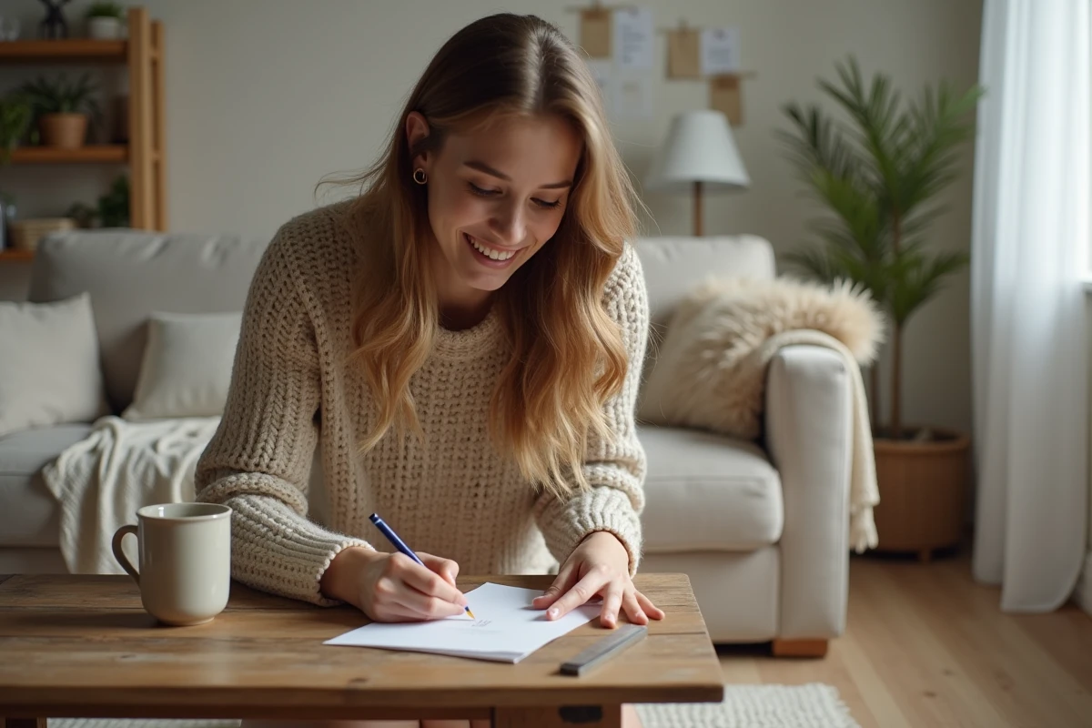 Jeune femme mesurant son tour de doigt avec une bandelette de papier et un stylo, comparant sur une règle dans un salon cosy
