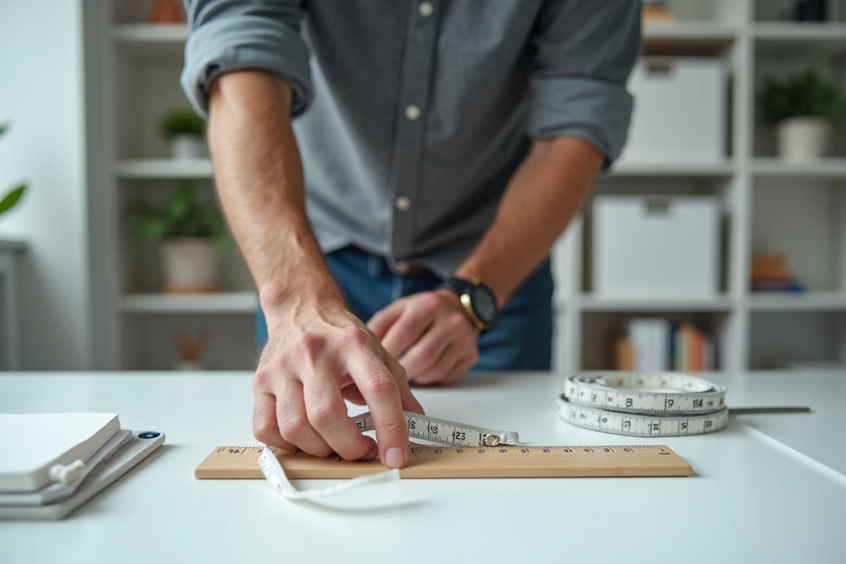 Homme mesurant son tour de doigt avec un ruban à mesurer souple, comparant la taille sur une règle posée sur un bureau blanc