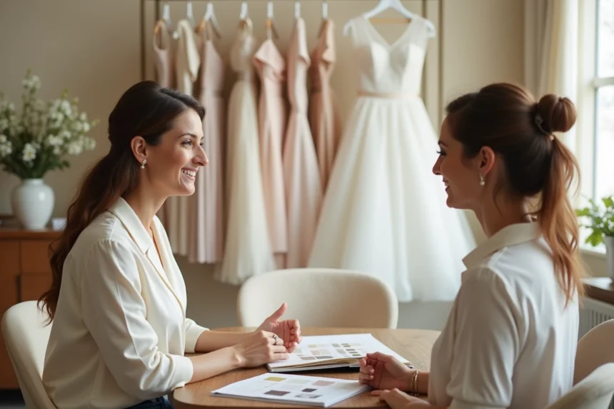 Styliste en robe de mariée discutant du prix avec une future mariée dans une boutique élégante autour d'un catalogue et de tissus