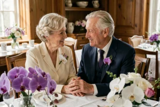 Couple de personnes âgées célébrant leurs 55 ans de mariage, noces d'orchidée, entouré de fleurs d'orchidées violettes et blanches lors d'un dîner élégant