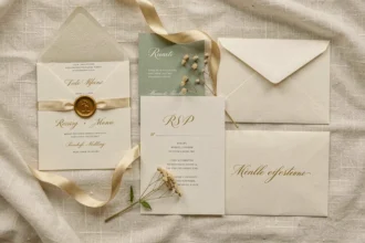 Papeterie de mariage complète avec carton d'invitation, menu et enveloppe calligraphiée sur nappe en lin crème