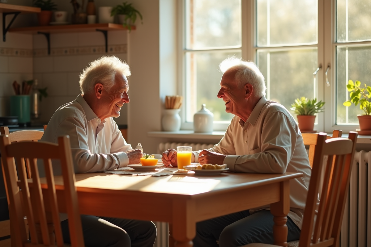 Couple agee partageant un petit déjeuner ensoleille