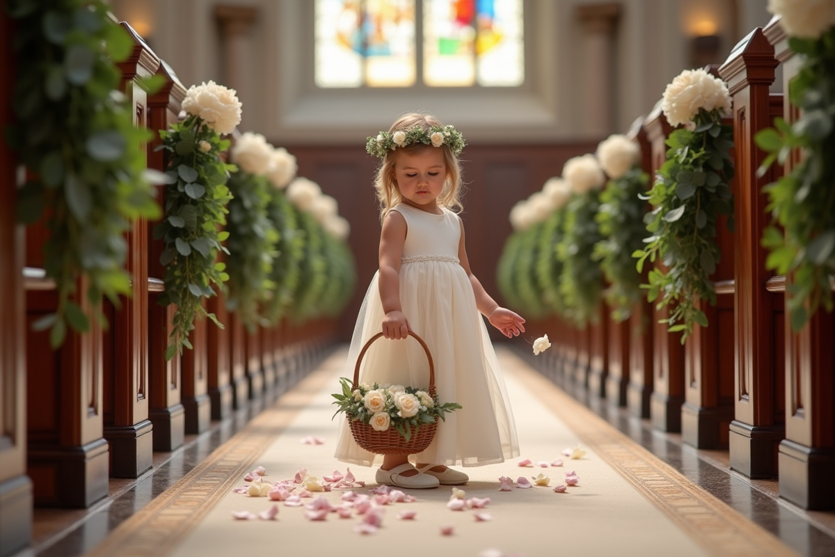Petite fille à la robe ivoire dispersant des pétales dans l
