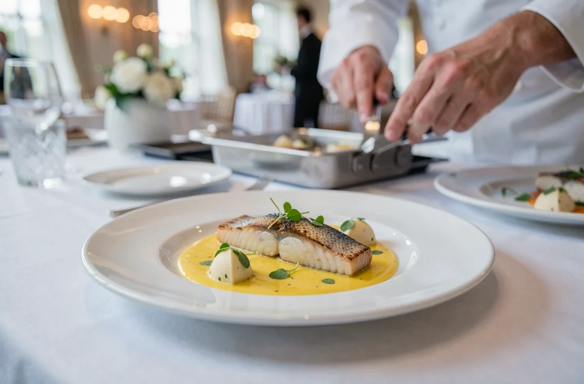 Assiette gastronomique haut de gamme de Philippe Gault Traiteur pour un mariage, avec filet de bar et sauce beurre blanc au safran sur table dressée avec élégance