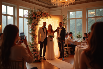PhotoBooth élégant lors d'un mariage avec invités souriants