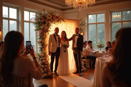 PhotoBooth élégant lors d'un mariage avec invités souriants
