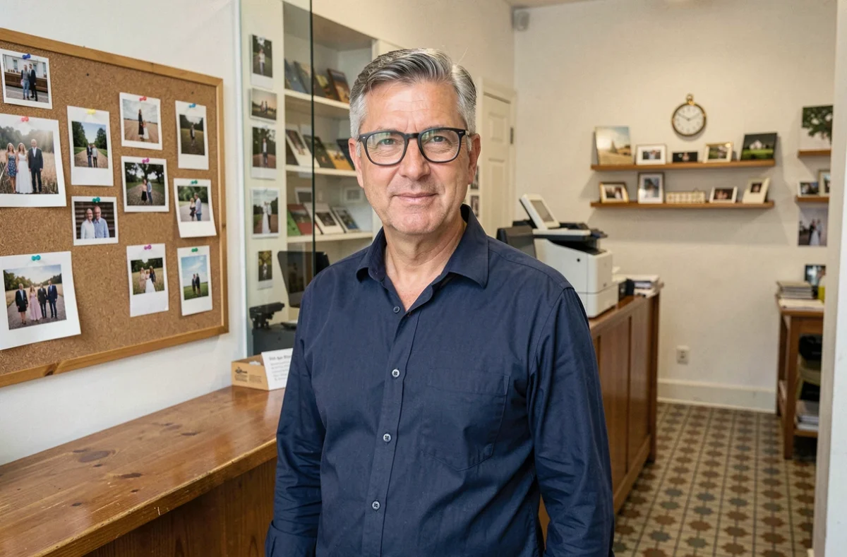 Homme portant des lunettes et une chemise bleue marine se faisant photographier dans une boutique photo de quartier à Paris pour un document officiel