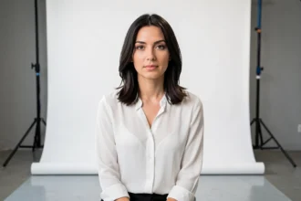 Femme assise devant un fond blanc dans un studio photographique parisien pour une photo de passeport professionnelle