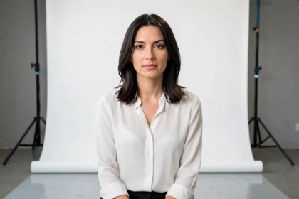 Femme assise devant un fond blanc dans un studio photographique parisien pour une photo de passeport professionnelle