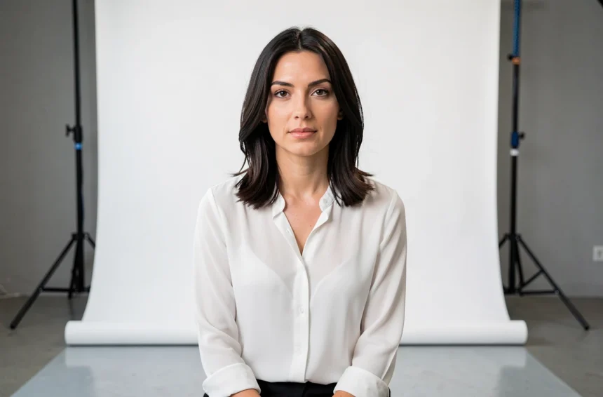 Femme assise devant un fond blanc dans un studio photographique parisien pour une photo de passeport professionnelle