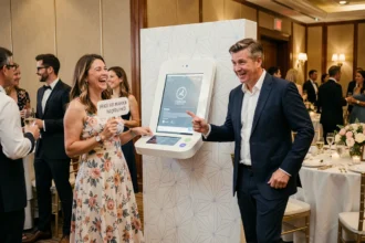 Photobooth KRUU installé lors d'une réception de mariage avec des invités qui posent devant l'écran tactile et un décor élégant en arrière-plan