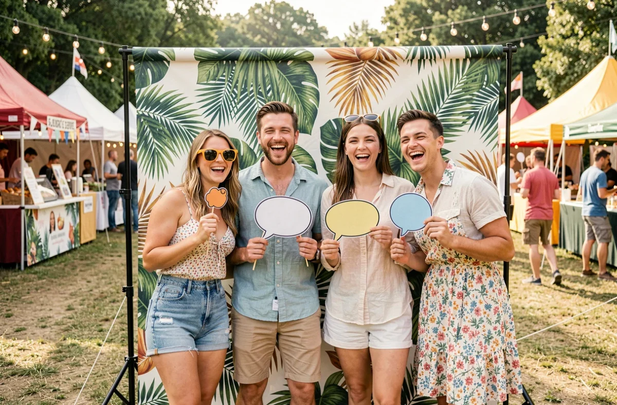 Groupe d'amis qui s'amusent devant un photobooth KRUU en plein air lors d'un festival estival avec des accessoires originaux et une ambiance festive