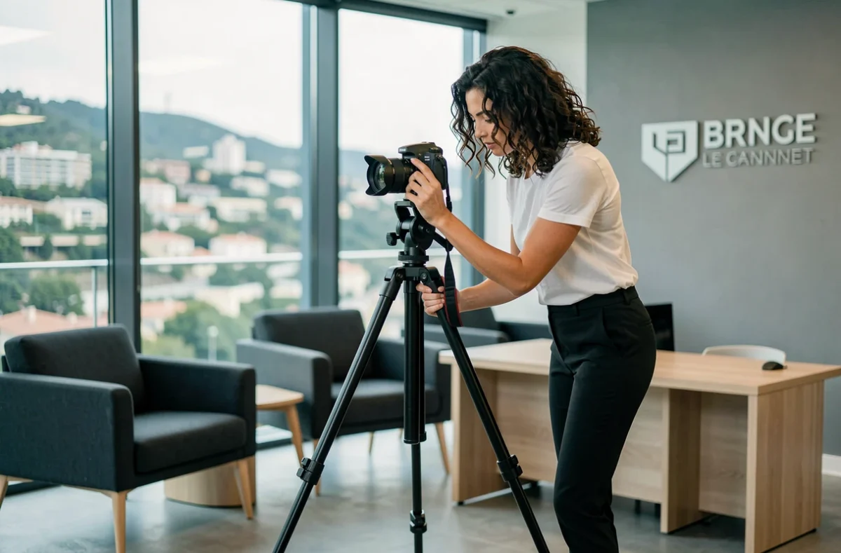 Photographe professionnelle installant son équipement pour une séance corporate dans un bureau moderne au Cannet