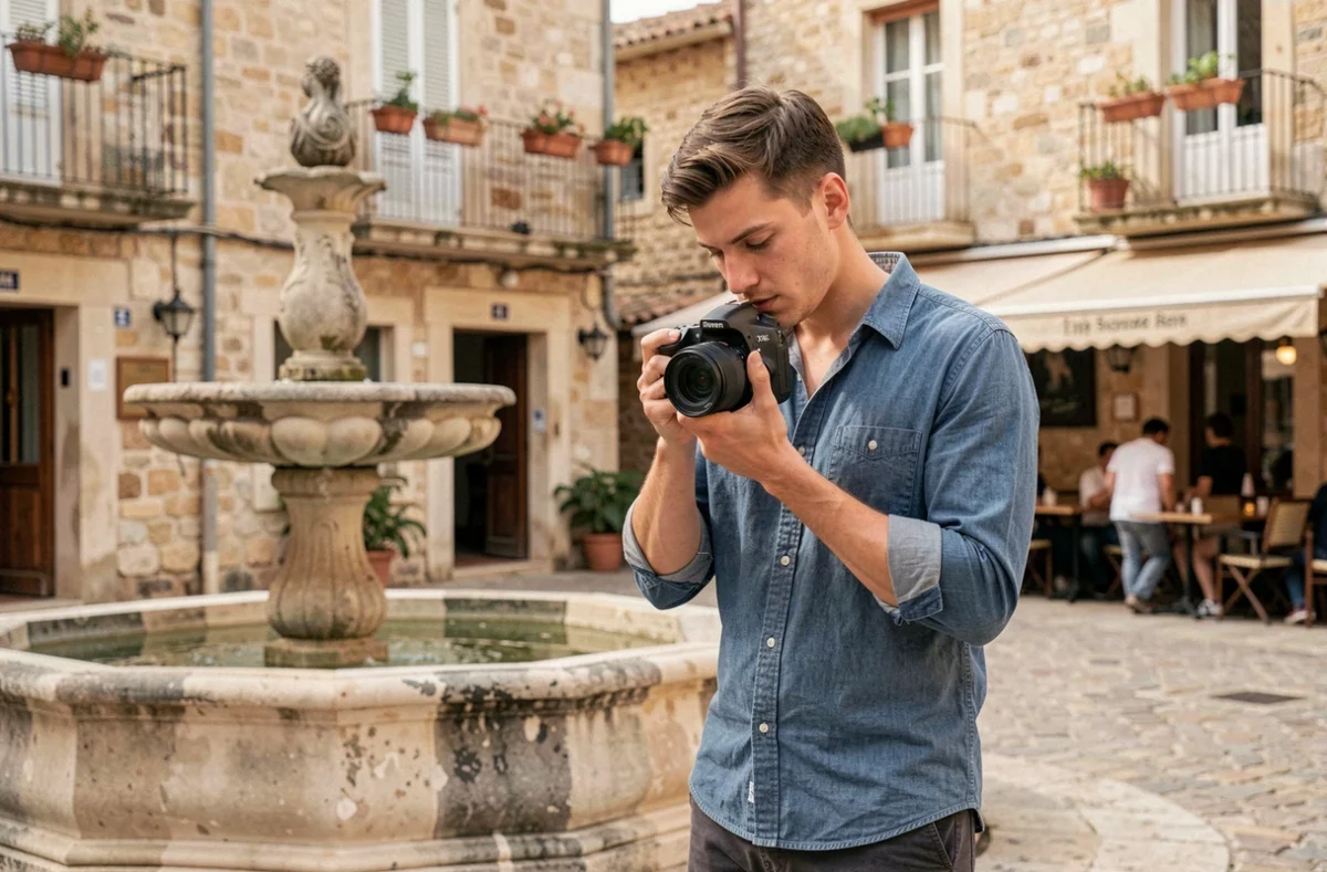 Photographe indépendant consultant ses clichés sur la place centrale de Digne-les-Bains