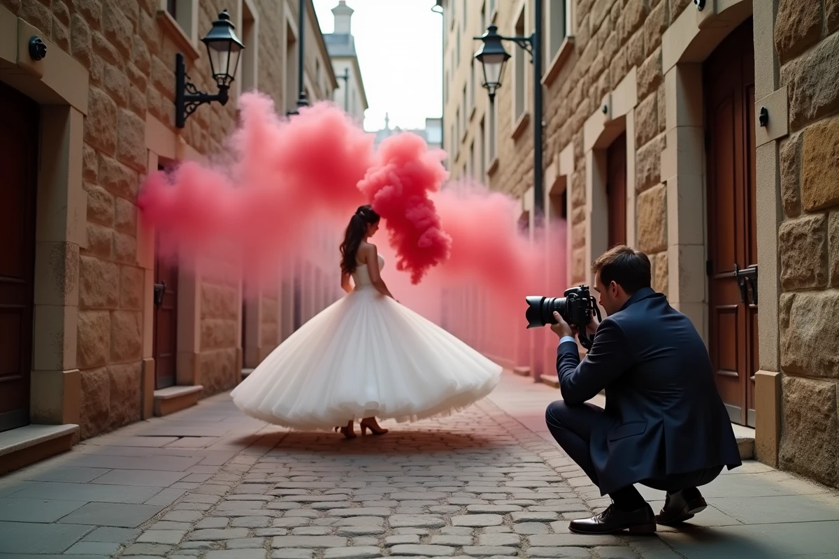 Photographe de mariage en action capturant une mariée entourée de fumée rouge dans une ruelle en pierre