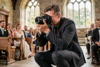 Photographe de mariage professionnel en action lors d'une cérémonie dans une église en pierre