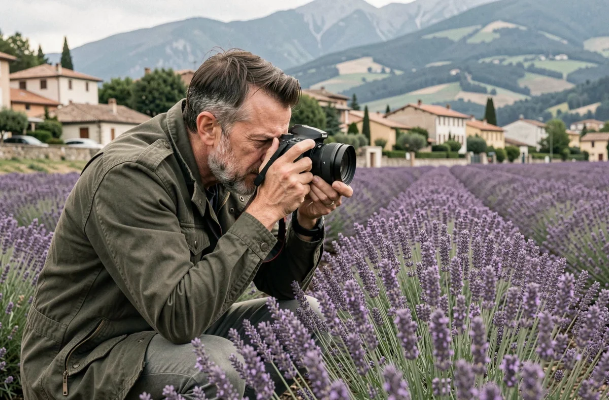 Photographe de paysage capturant un champ de lavande près de Digne-les-Bains dans les Alpes-de-Haute-Provence