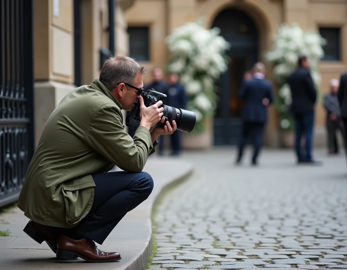 Photographe de presse accroupi près d'une entrée de cérémonie privée illustrant la tension entre curiosité médiatique et respect de la vie privée