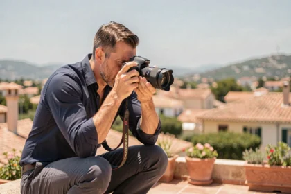 Photographe professionnel en train de prendre des photos sur une terrasse avec vue sur les toits du Cannet