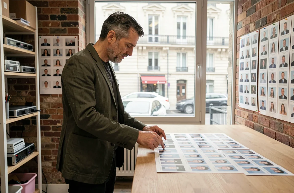 Photographe professionnel masculin examinant des photos de passeport imprimées sur le comptoir de son studio dans le quartier du Marais à Paris