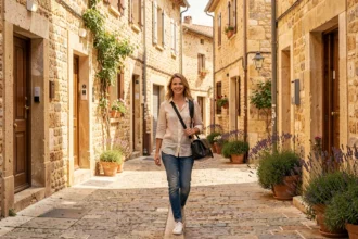 Photographe professionnelle se promenant dans les rues historiques de Digne-les-Bains avec son matériel photo