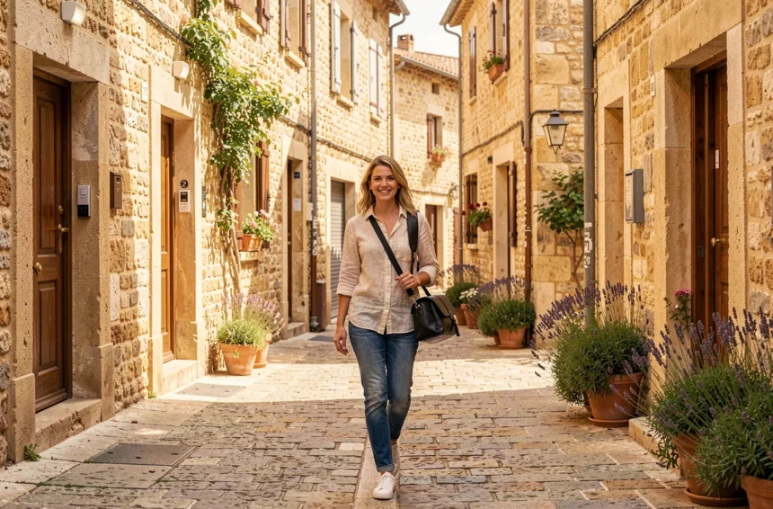 Photographe professionnelle se promenant dans les rues historiques de Digne-les-Bains avec son matériel photo
