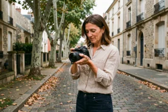 Photographe professionnelle ajustant son appareil photo dans une rue de Montgeron avec des bâtiments en pierre en arrière-plan