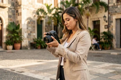Photographe professionnelle consultant ses photos dans les rues historiques de Saint-Pierre en Martinique