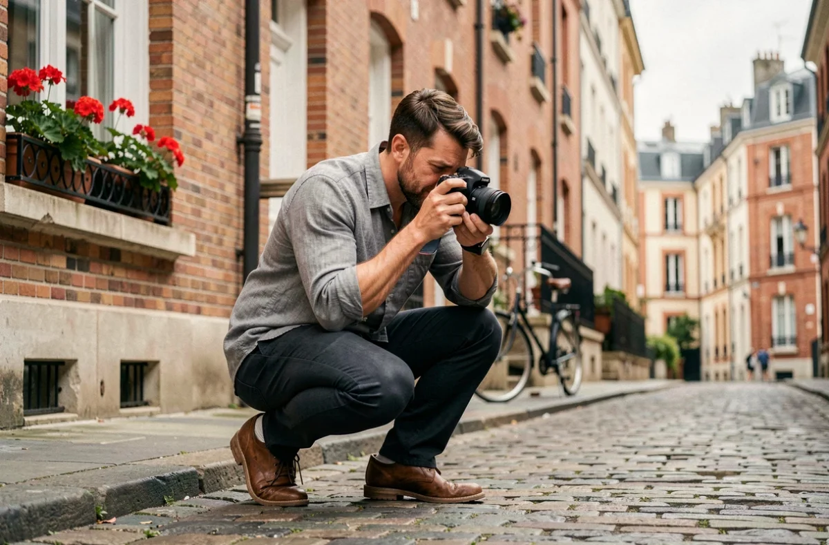 Photographe en extérieur dans les rues de La Madeleine capturant des images authentiques en reportage