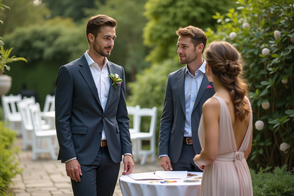 Jeune organisateur de mariage discutant en extérieur
