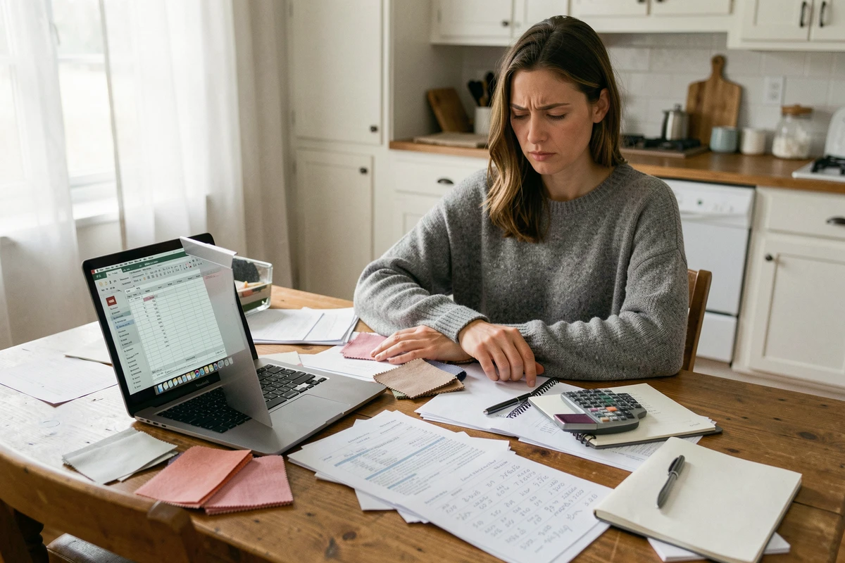 Femme planifiant le budget de sa robe de mariée à la maison avec tableur, notes manuscrites et échantillons de tissus sur une table en bois