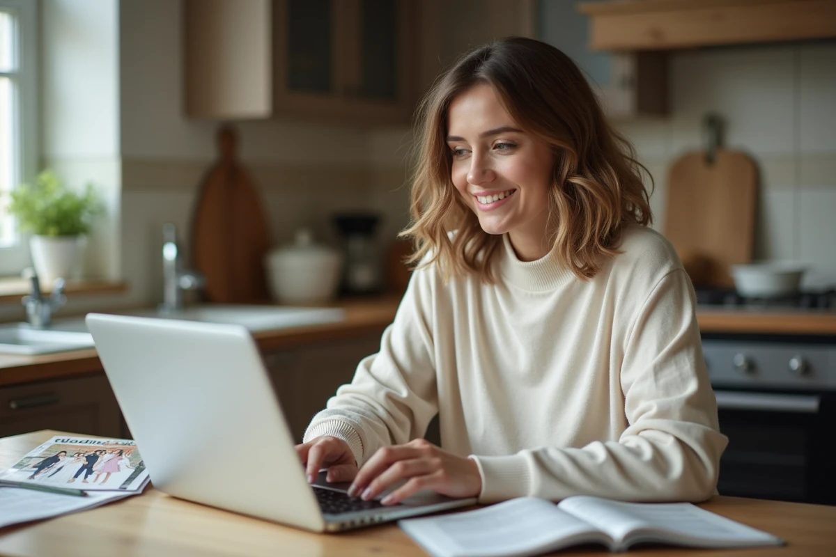 Femme planifiant l'achat d'une robe de mariée princesse à petit budget depuis son domicile, avec magazines et ordinateur portable sur une table en bois