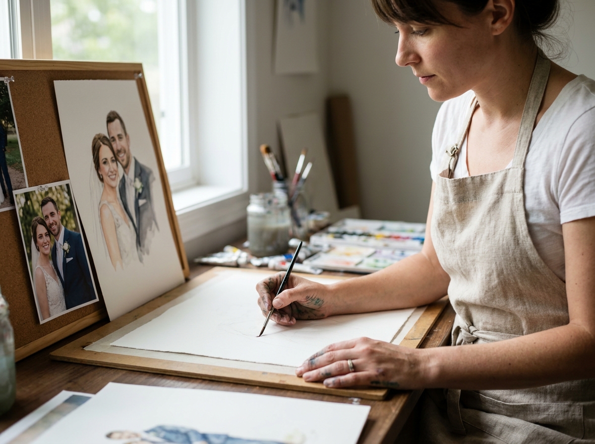 Illustratrice peignant un portrait de couple personnalisé sur commande pour un cadeau de mariage unique