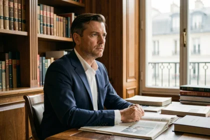 Portrait éditorial d'un homme élégant dans la quarantaine assis à un bureau parisien entouré de livres et de journaux